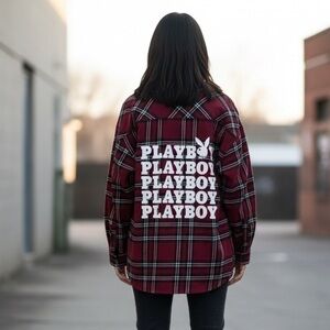 Playboy Sz L Plaid Red Logo Bunny Button Front Relaxed Shacket